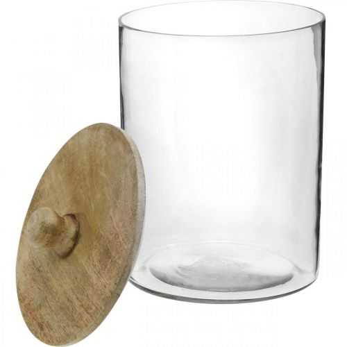 Product Glass jar, bonboniere with wooden lid, decorative glass natural color, clear Ø17cm H24.5cm