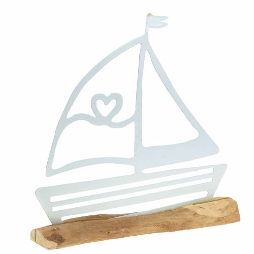 Product Boat on wooden base metal white 25cm H24.5cm