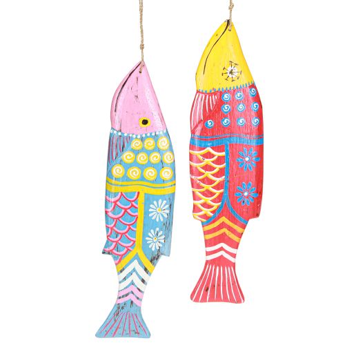 Product Colorful wooden fish decoration for hanging red blue assorted 38cm 2pcs