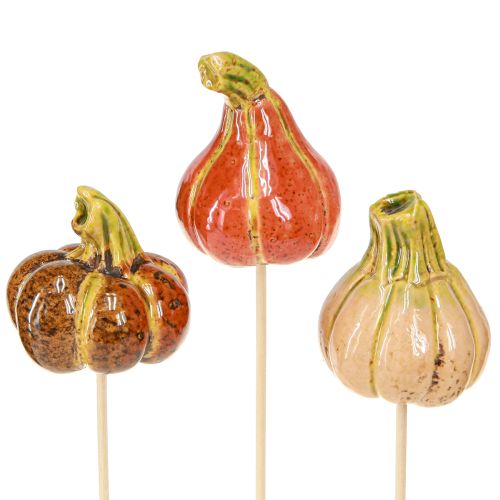 Colorful mini pumpkins on a stick ceramic decoration 5-6.5cm 3 pieces