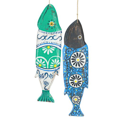 Colorful fish wooden decoration for hanging blue and green 38cm 2 pieces