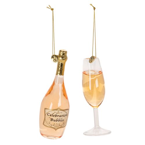 Glass Champagne Bottle and Glass Bauble Set - 14cm Ornament for Christmas Tree