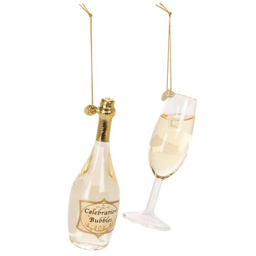 Champagne bottle and champagne glass pendant set, Christmas tree decoration, 14cm, 2 pieces