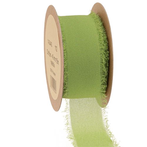 Product Chiffon Ribbon Green Fabric Ribbon with Fringes Light Olive 40mm 15m