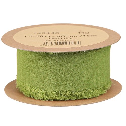 Product Chiffon Ribbon Green Fabric Ribbon with Fringes Light Olive 40mm 15m