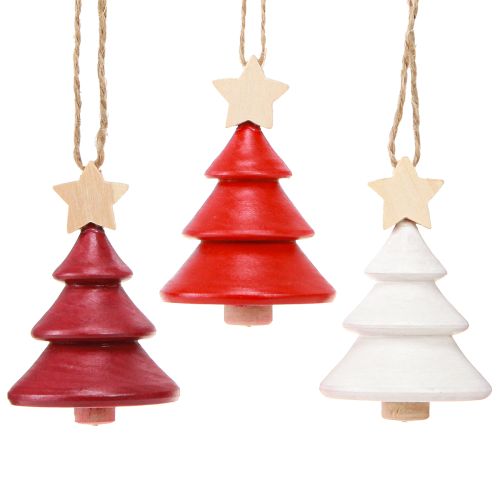 Christmas tree decorations fir tree wood red white 7.5cm 6 pieces
