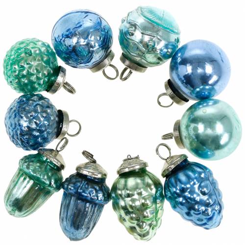Mini tree decoration mix autumn fruits and balls blue/green, silver real glass 3.4–4.4cm 10pcs