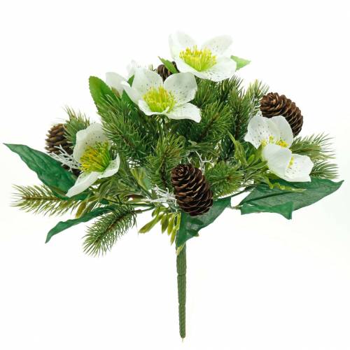 Artificial Christmas rose bouquet with fir tree and cones H26cm
