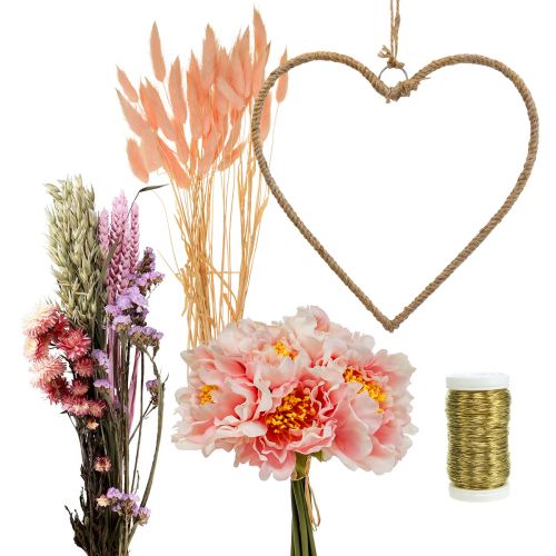 Floristik24 DIY Box Heart Decoration Loop with Peonies and Dried Flowers Pink 33cm