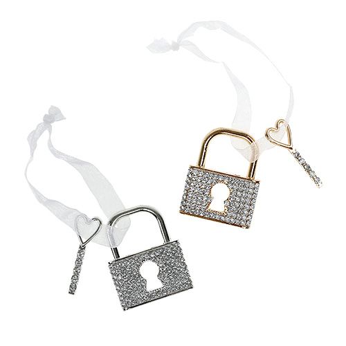 Floristik24 Pendant lock with key 5cm gold/silver 2pcs