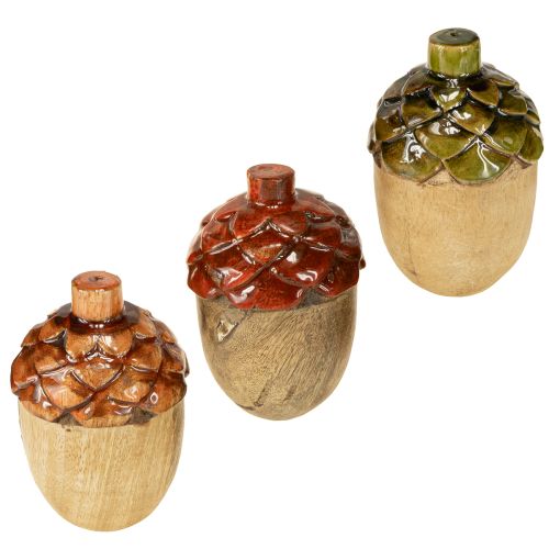 Decorative acorns wooden table decoration green orange red H10cm 3 pieces