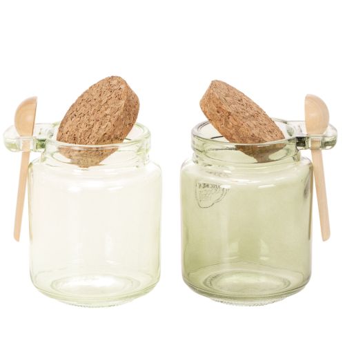 Decorative glass with cork lid and spoon, green, Ø7cm, H10cm, 2 pieces | Floristik24.co.uk
