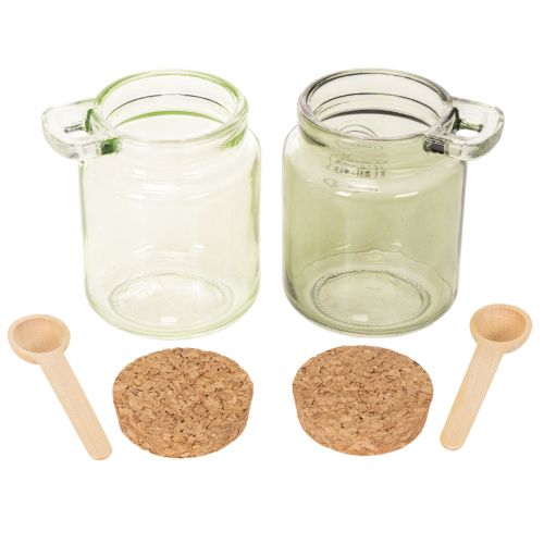 Decorative glass with cork lid and spoon, green, Ø7cm, H10cm, 2 pieces | Floristik24.co.uk