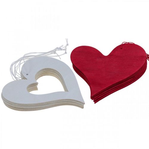Product Decorative hearts to hang up wooden heart red/white 12cm 12pcs