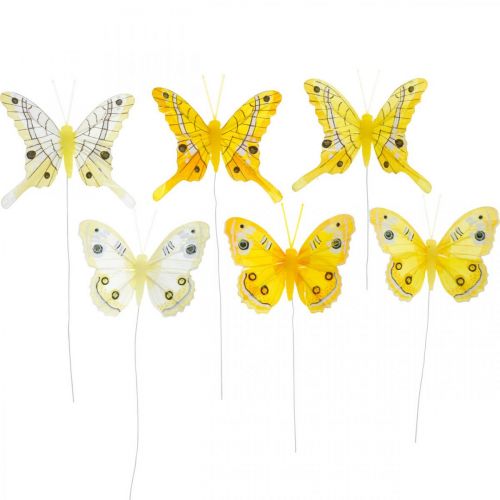 Floristik24 Decorative butterflies yellow feather butterfly on wire 7.5cm 6pcs