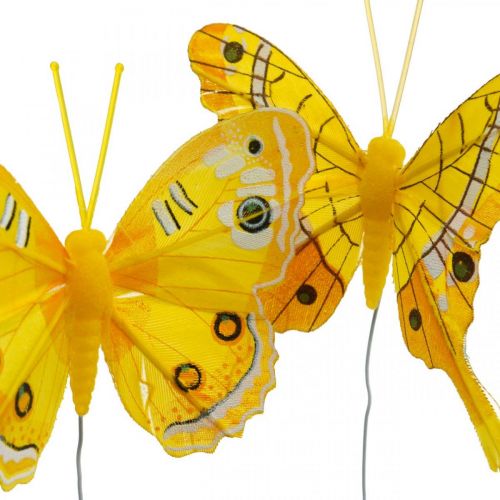 Product Decorative butterflies yellow feather butterfly on wire 7.5cm 6pcs