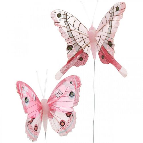 Decorative butterflies pink feather butterfly on wire 7.5cm 6pcs