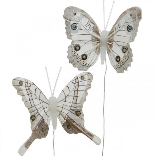 Floristik24 Decorative butterflies white, brown feather butterfly on wire 7.5cm 6pcs