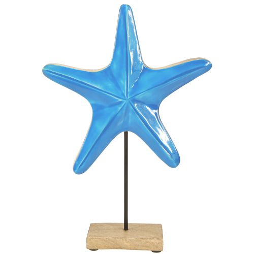 Product Decorative starfish on base wood natural blue Ø22cm H32cm