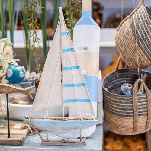 Product Deco sailboat wood blue-white maritime table decoration H54.5cm