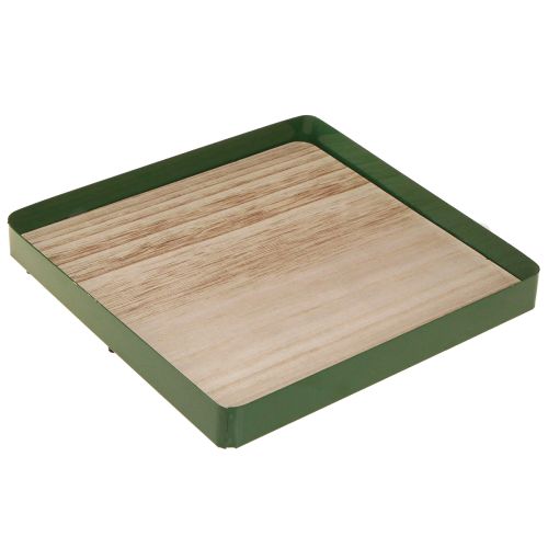 Floristik24 Decorative tray metal square green wooden base 25.5×25.5cm