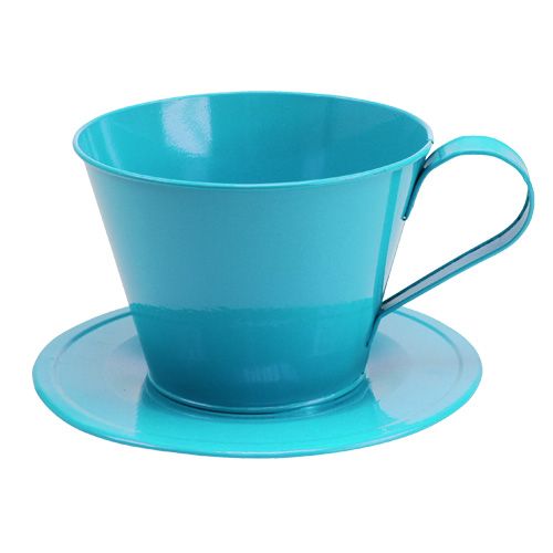 Floristik24.co.uk Metal cup with plate blue Ø16cm H11cm23370