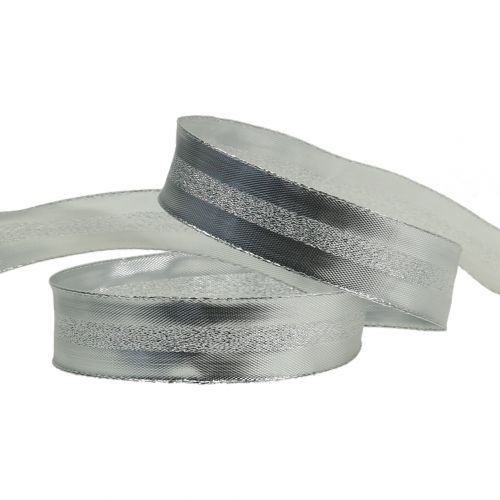 Floristik24 Deco ribbon silver with stripes 25mm 20m