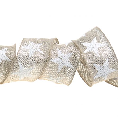 Product Christmas ribbon with star pattern natural, silver 40mm 15m