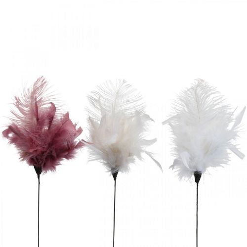 Floristik24 Decorative feathers on the stick bird feathers white/cream/dusky pink 3 pieces