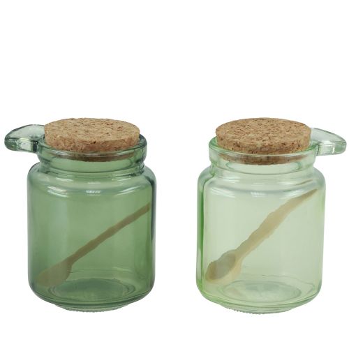 Product Decorative glass with cork lid and spoon green Ø7cm H10cm 2pcs