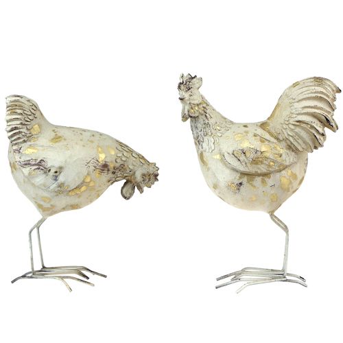 Floristik24 Decorative Chickens White Gold Rooster Hen Vintage L13cm 2pcs