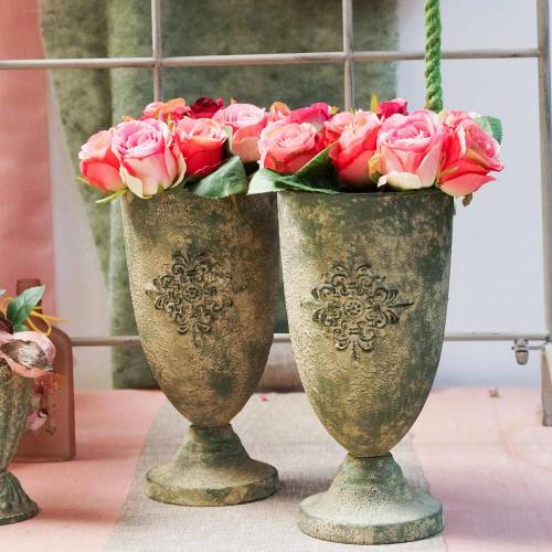 Floristik24 Decorative metal cup goblet with ornament moss green, beige Ø16cm H31cm
