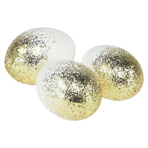Decorative Easter eggs real goose egg white with gold glitter H7.5–8.5cm 10 pcs