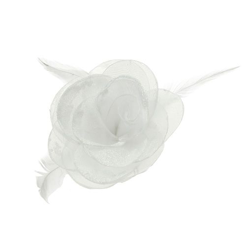 Floristik24 Decorative rose with feathers on the clip white 2pcs