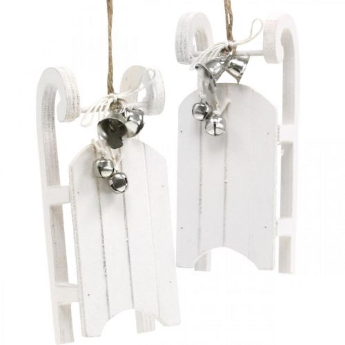 Deco sleigh white silver with bell cord L13cm 4pcs