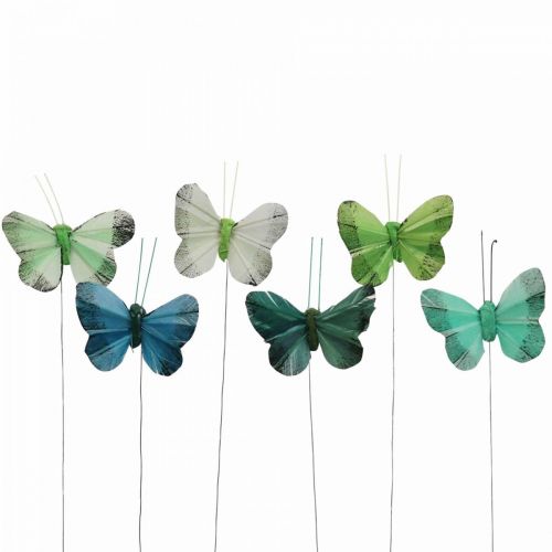 Deco butterfly on wire green, blue 5-6cm 24p