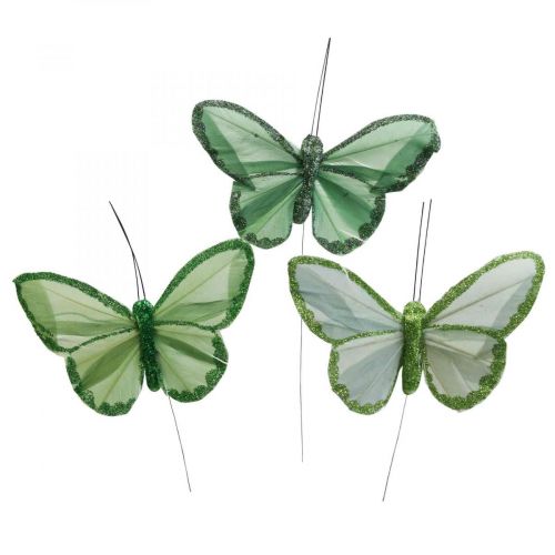 Floristik24 Decorative butterflies green feather butterflies on wire 10cm 12pcs