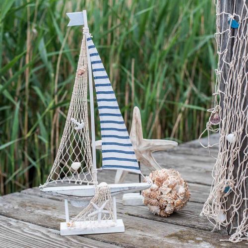 Product Deco Sailing Boat Wood White Blue Maritime Deco Ship 28×3×55cm