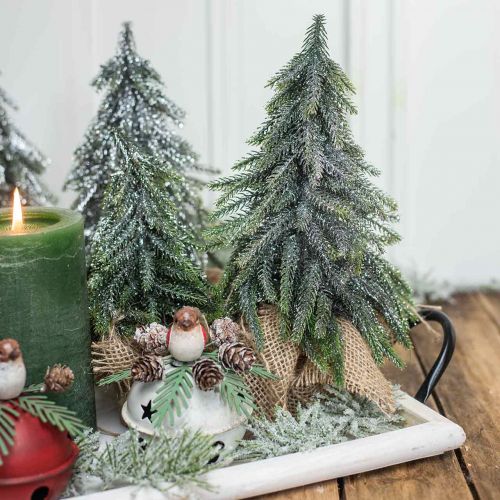 Floristik24 Deco Christmas tree mini fir jute bag glitter, green 26cm