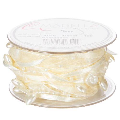 Product Decorative ribbon, cream, hearts, pearls, wedding decoration, 10mm, 5m