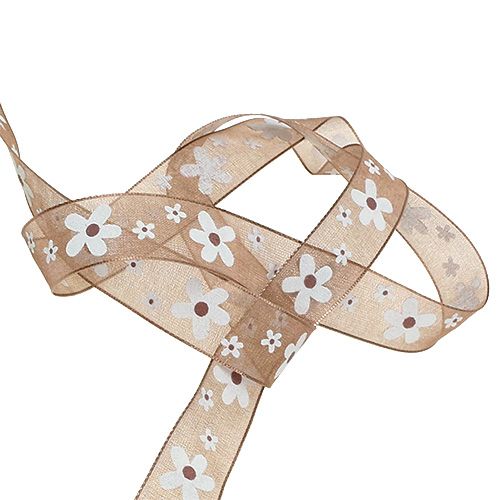 Product Deco ribbon light brown with flower motif 15mm 20m