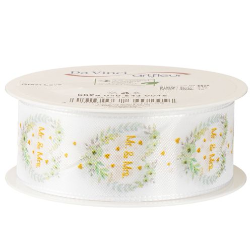 Product Decorative ribbon wedding satin ribbon white “Mr. & Mrs.” 40mm 15m