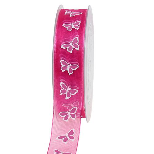 Deco ribbon with butterfly Pink 25mm 20m | Floristik24.co.uk
