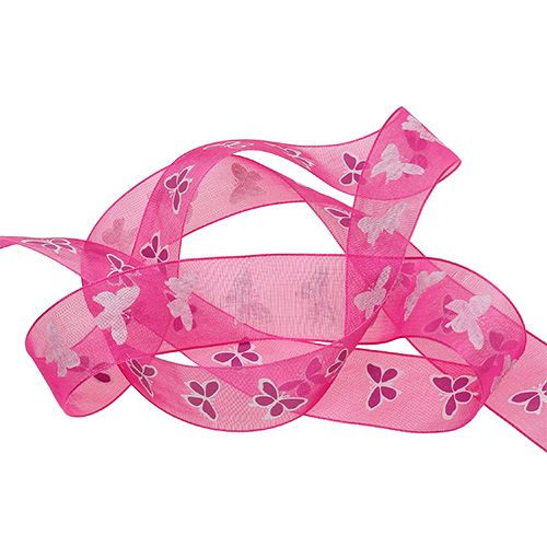 Deco ribbon with butterfly Pink 25mm 20m | Floristik24.co.uk