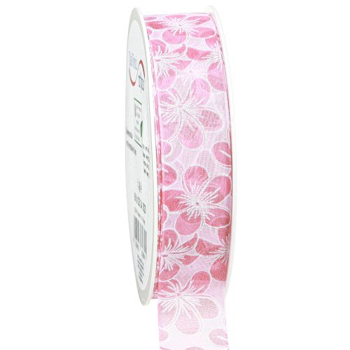 Floristik24 Decorative Ribbon with Flowers Gift Ribbon Spring Pink 25mm 20m