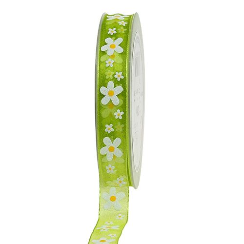 Floristik24 Decorative ribbon green with flower motif 15mm 20m