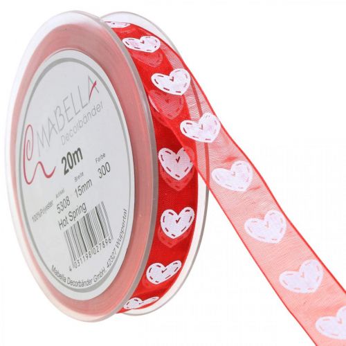 Floristik24 Decorative ribbon hearts, wedding decoration, ribbon Valentine&#39;s Day red, white 15mm 20m