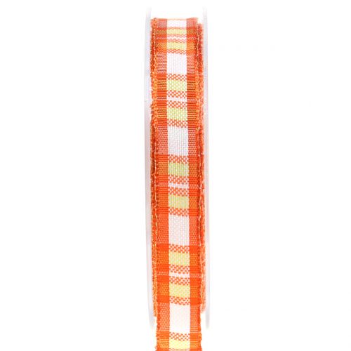 Floristik24 Deco tape check with wire edge Orange 15mm L20m