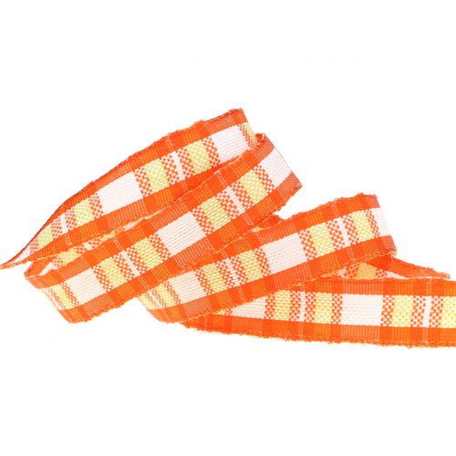 Floristik24 Deco tape check with wire edge Orange 15mm L20m