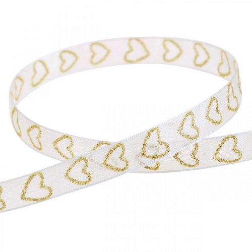 Product Deco ribbon white gift ribbon heart gold glitter 10mm 20m